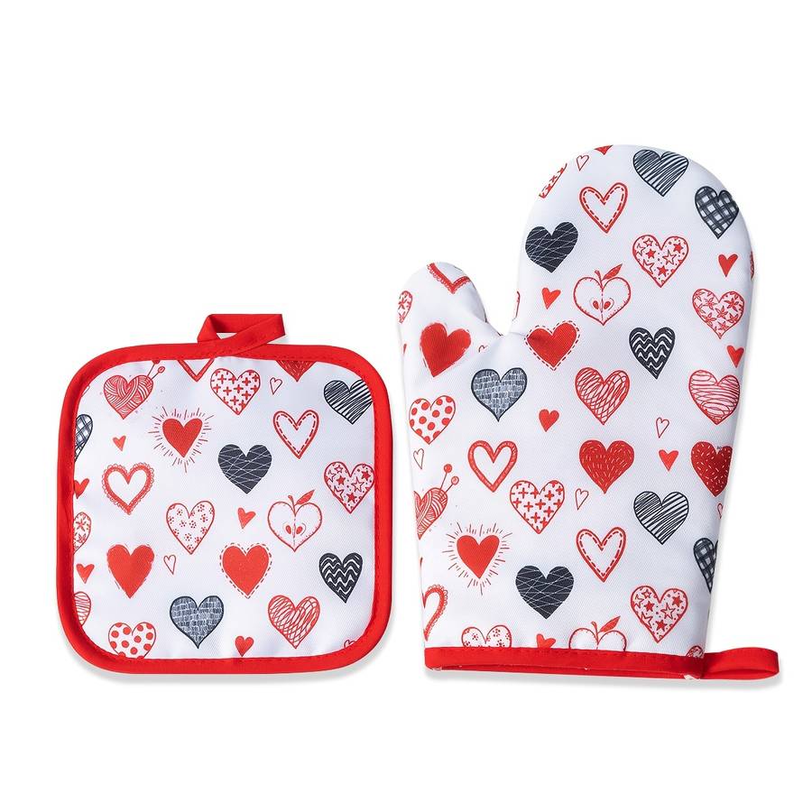 2pcs Valentine'S Day Kitchen Oven Gloves Set Polyester 100% Heat Resistant Baking Mitts Digit