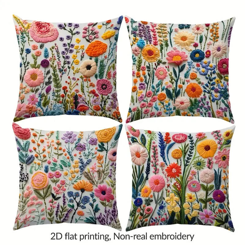 4 Piece, 2D flat printing floral embroidery pattern printing, Non-real embroidery, pillow covers