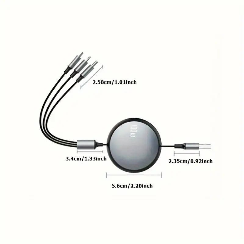 3 in 1 Retractable USB C 6A 100W USB Fast Charger