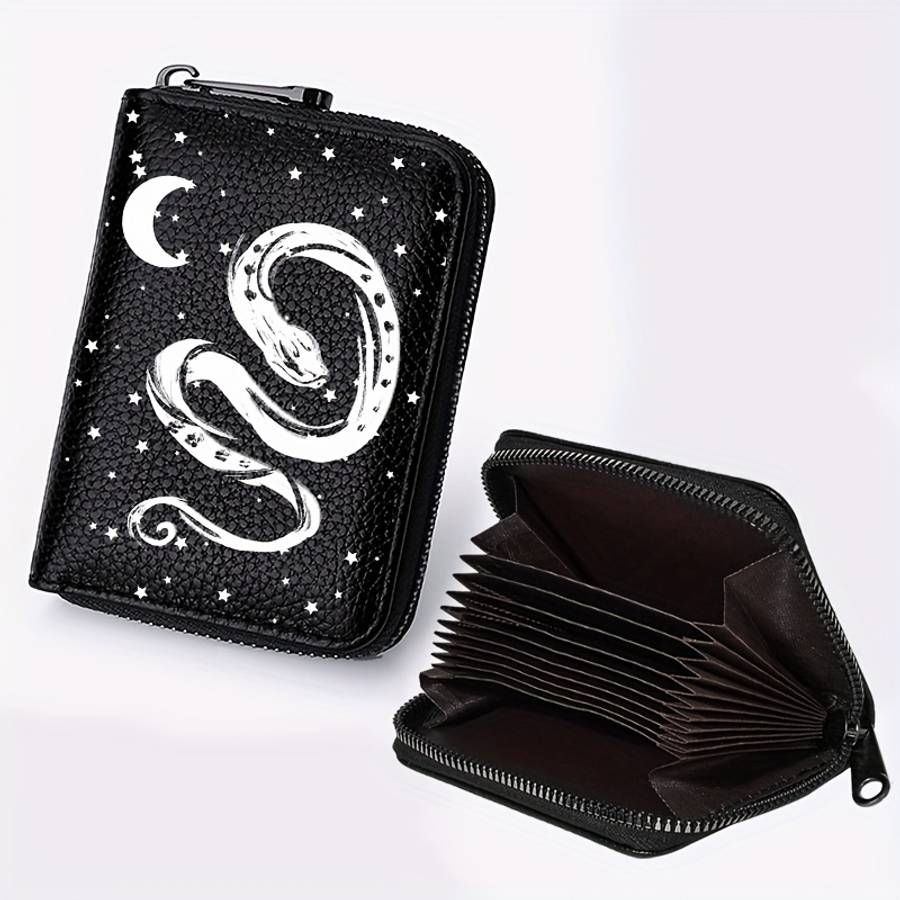 A New Stylish Wallet Featuring A Dark Snake Star And Moon Pattern Designed With Dual Zippers