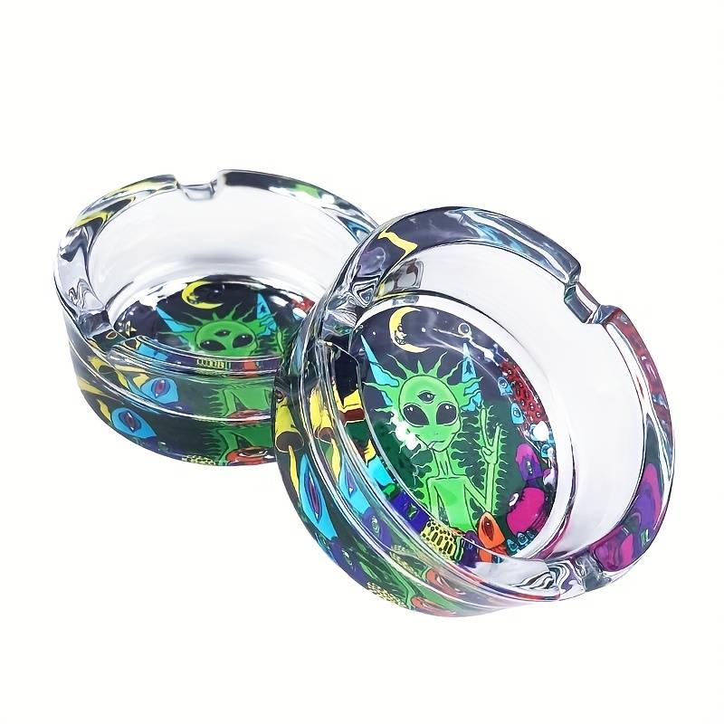 1pc Whimsical Alien Mushroom Design Glass Ashtray Round Colorful Cartoon Pattern for Home Deco