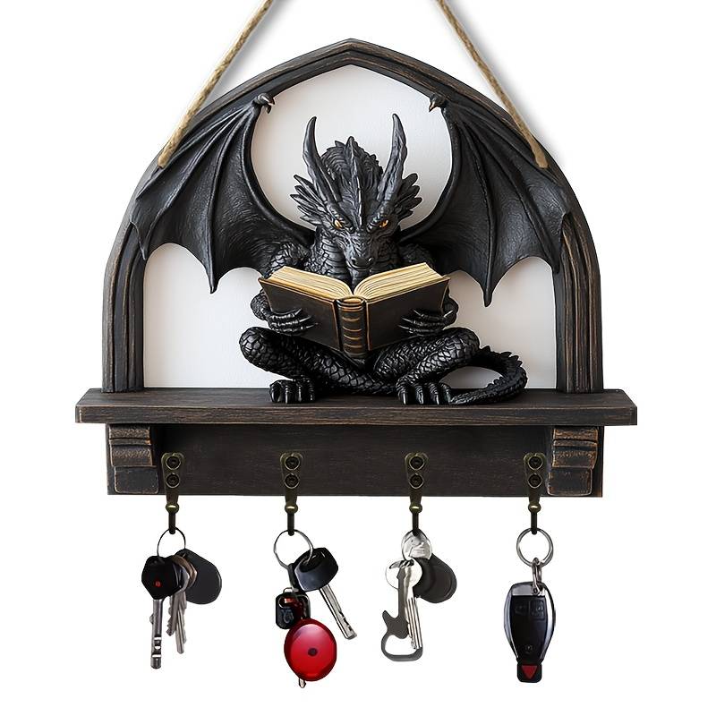 1pc Dragon-Shaped Wooden Key Holder with 4 Metal Hooks Easy Wall Mount Space-Saving Organizer for