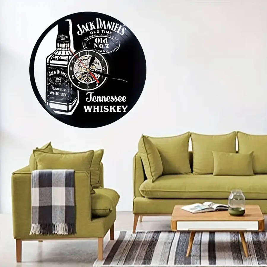 1pc Jack Daniels Vintage Whiskey Themed Silent Wall Clock Round Vinyl Record Design Battery Operated