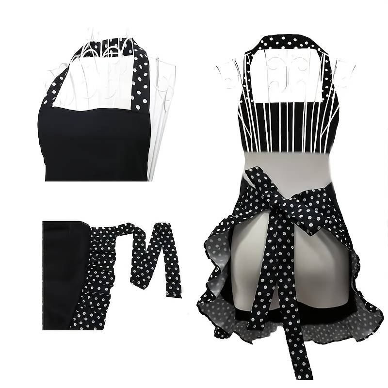 1pc Retro Polka Dot Apron with Ruffle Hem Large Pockets Black and White Vintage Kitchen Ba