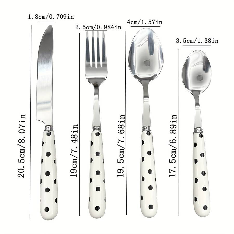 4pcs Stainless Steel Cutlery Set with Polka Dot Ceramic Handles Includes Knife Fork Spoon