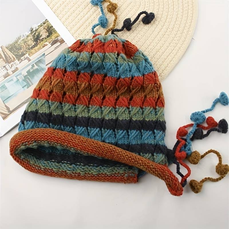 1pc New Autumn and Winter Bohemian Style Handmade Crochet Color Hat Thickened and Warm Dopamine K