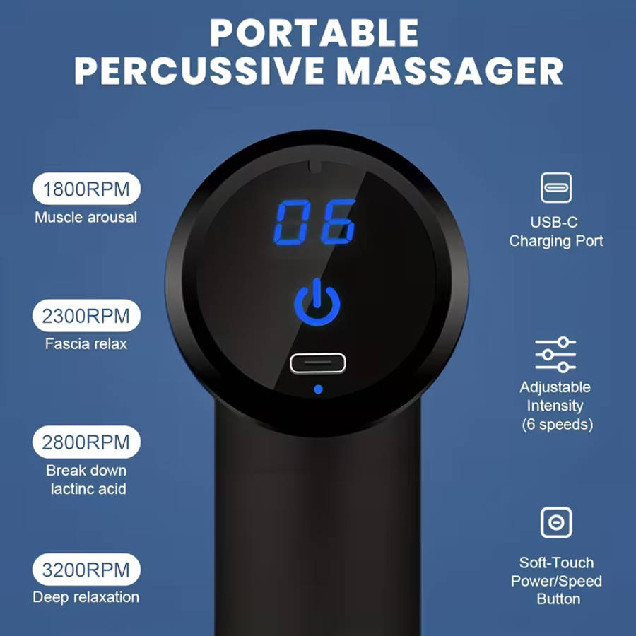 USB Rechargeable 4 Head Interchangeable Massage Gun With 6 Adjustable Settings LCD Display