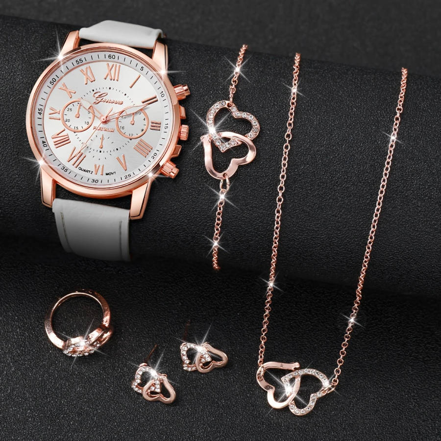 6pcs set Elegant Women'S Quartz Watch with Roman Numerals Dial and Jewelry Set Round Alloy Case PU L