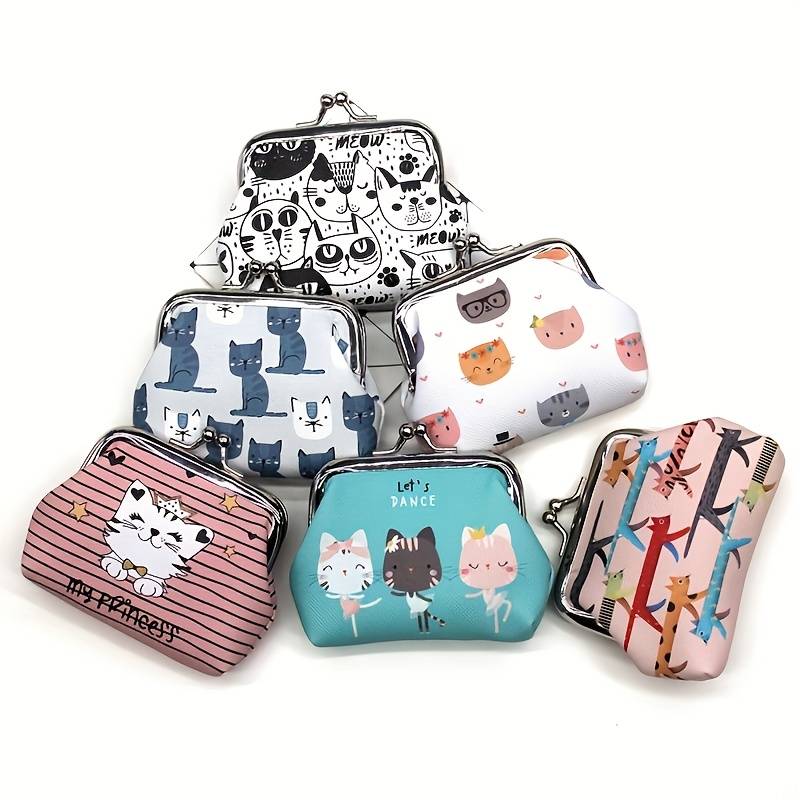 1pc Cute Cat Print Coin Purse Compact Cartoon Wallet for Women PU Material Hand Wash or Dry