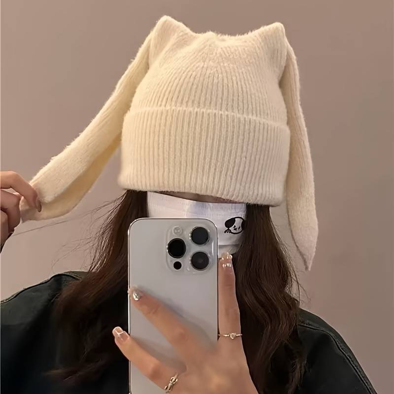 1pc Cozy Knitted Bunny Ears Beanie Hat for Women 100% Acrylic Stretchable Skull Cap with Brea
