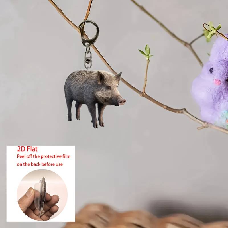 1pc 2D Flat   Cute Wild Boar Acrylic Keychain Waterproof  Design Realistic Fur Texture
