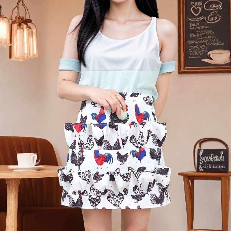 1pc Chicken Print Egg Gathering Apron with Multiple Pockets Durable Polyester Farmhouse Style Ski