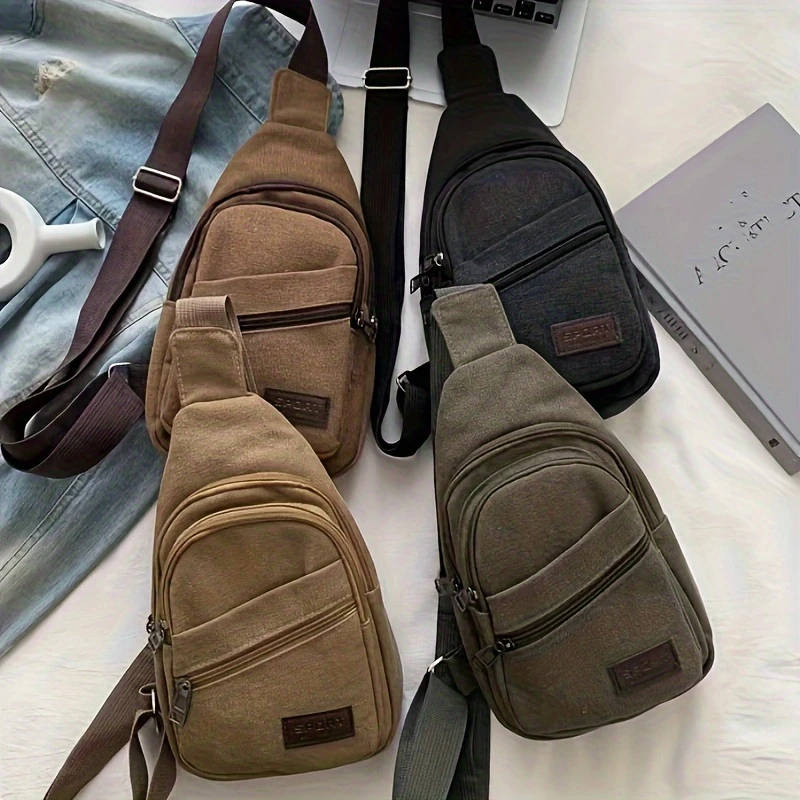 1pc Casual Canvas Men's Chest Bag Multipocket Sling Shoulder Pack with Zipper Closure for Travel Cas