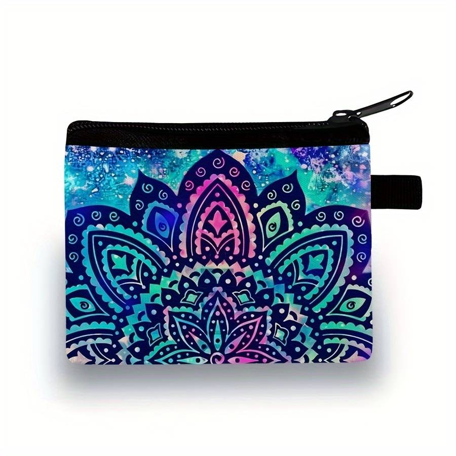 1pc Stylish Mandala Print Zipper Pouch Lightweight Durable Polyester Coin Purse with Vibrant Flor