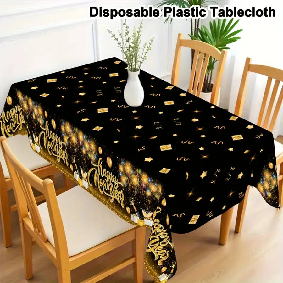 Shiny Gold Firework Balloon Pattern Disposable Plastic Tablecloth