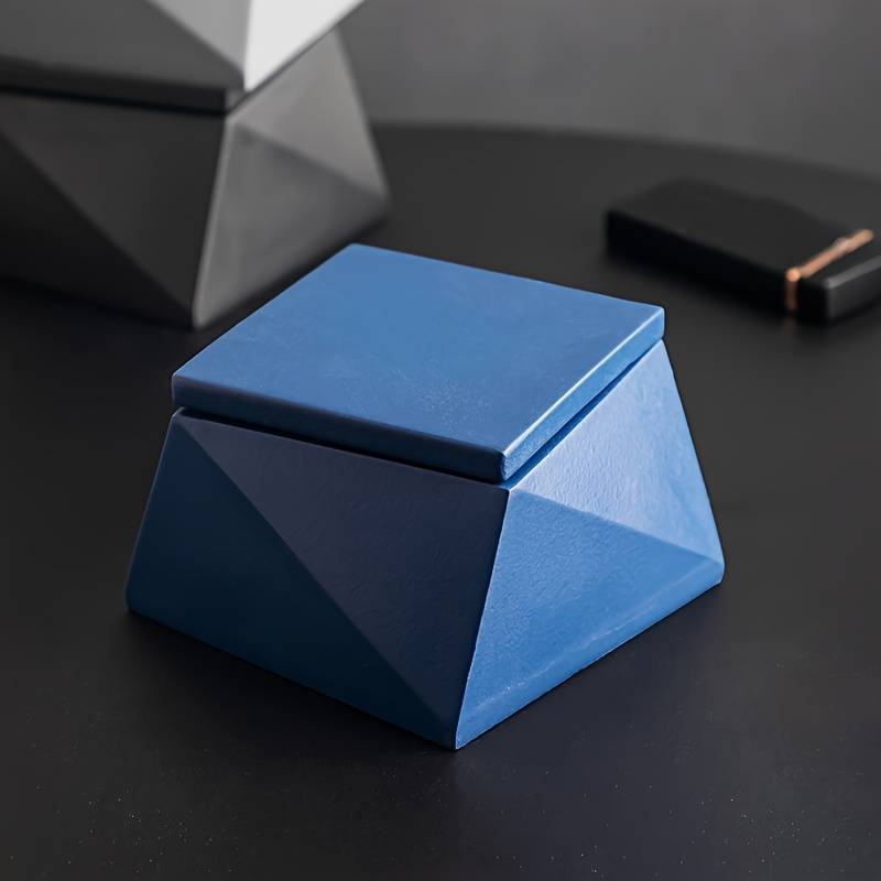 1pc Modern Geometric Stone Ashtray with Lid Light Blue Black Handcrafted Perfect for Indo