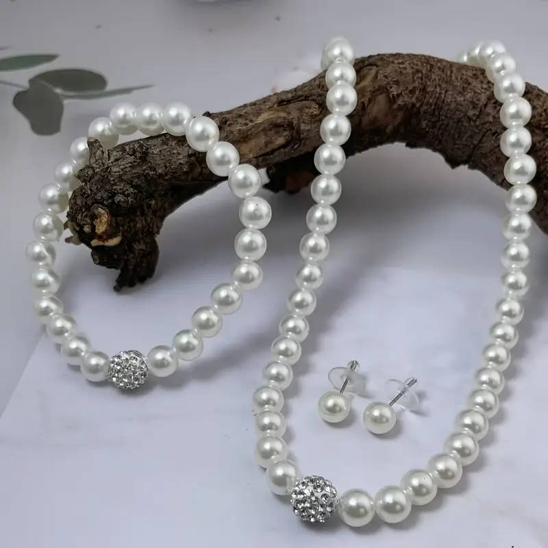 3 Piece White Faux Imitation Pearl Necklace Bracelet Earrings Set Rhinestone Ball