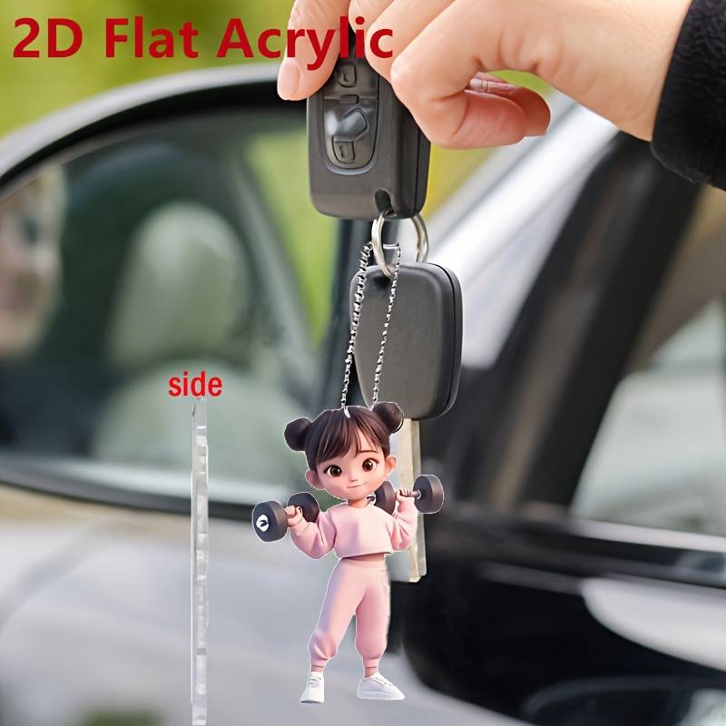 1pc 2D Flat  Acrylic Girl Lifting Dumbbells Pendant Boho Fitness Charm for Car Rearview Mirror B