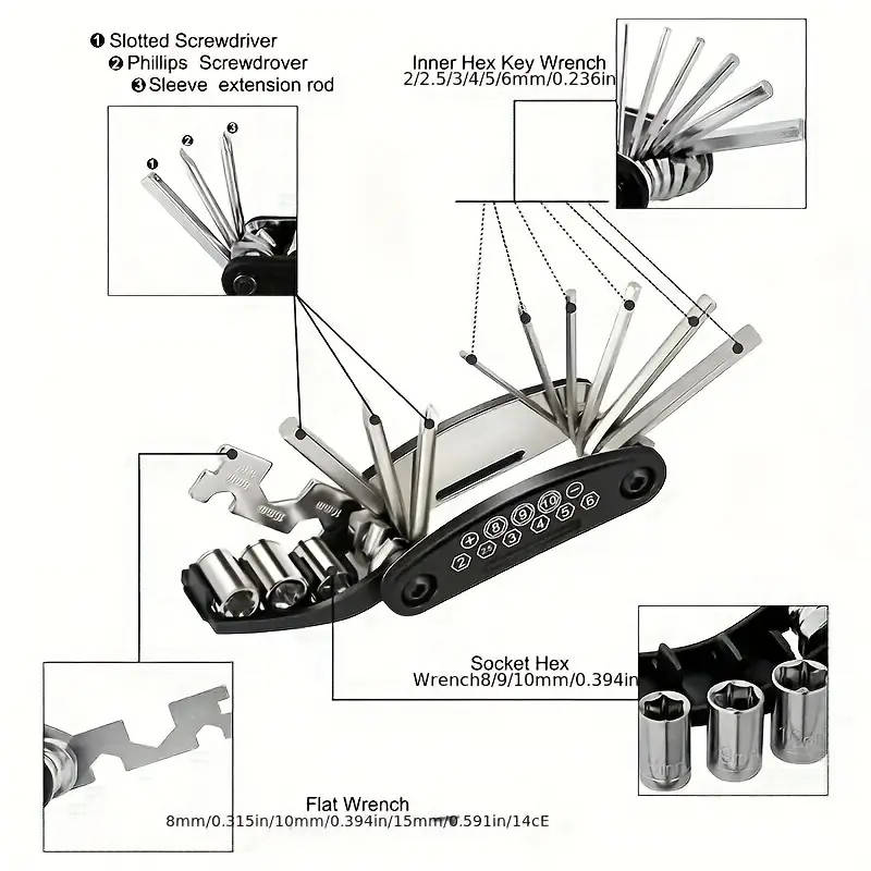 1pc 16in1 Stainless Steel Bike Multitool Portable Multi-Purpose Hex Wrench Pocket-Sized Adjustable B