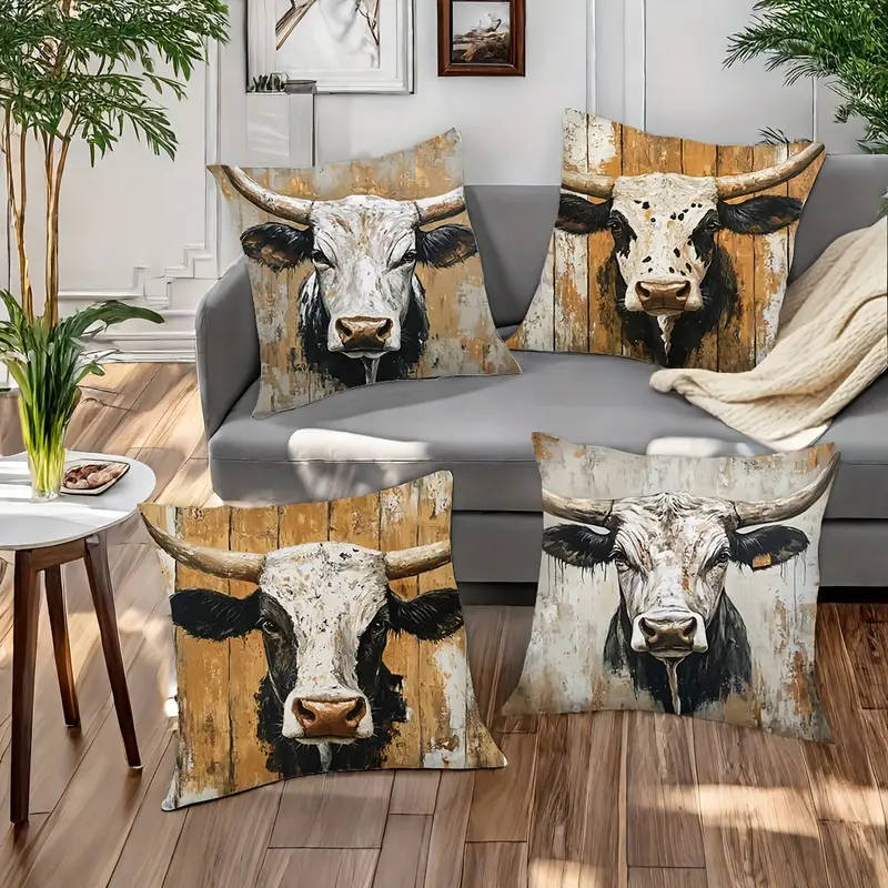 4 Piece Rustic Cow Print Throw Pillow Covers, 45cm x 45cm