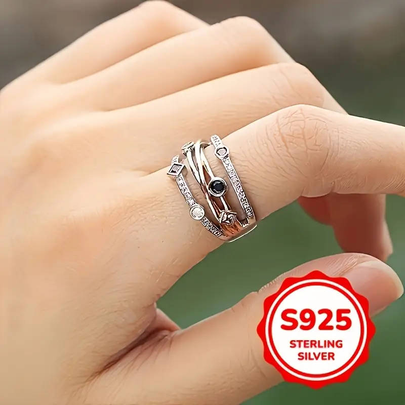 Multi-Layered Two-Tone 925 Sterling Silver Ring with Synthetic Gemstone, Bohemian Style