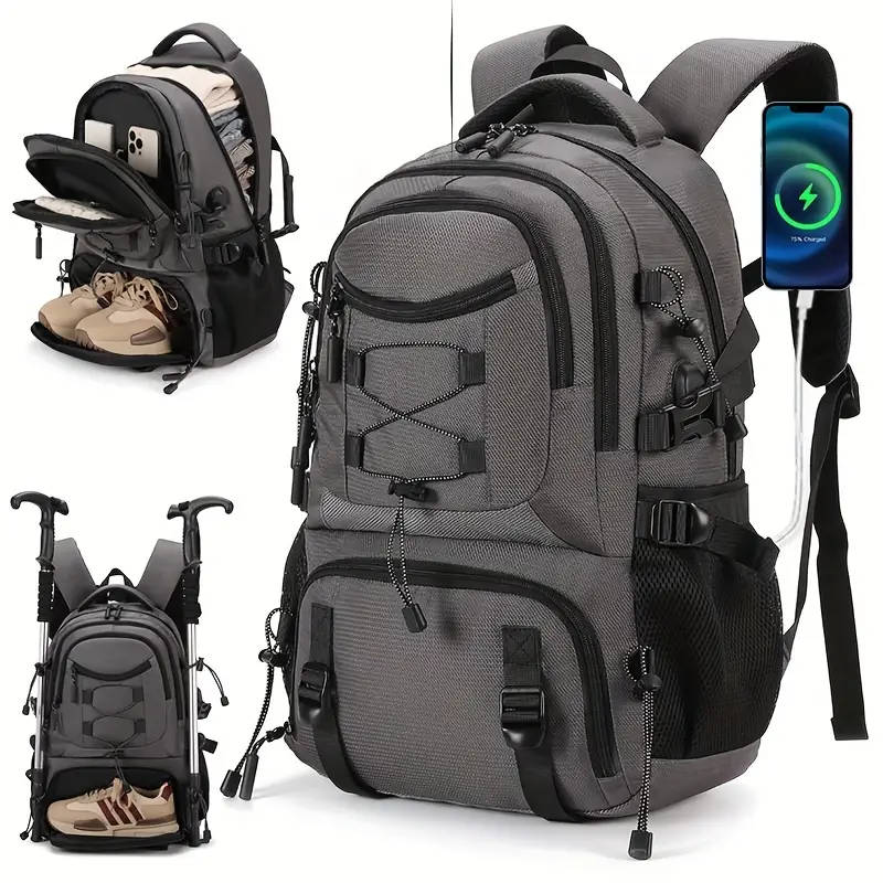 1pc Large Capacity Laptop Backpack with Shoe Storage Casual Polyester Travel Bag Outdoor Hiking Ruck