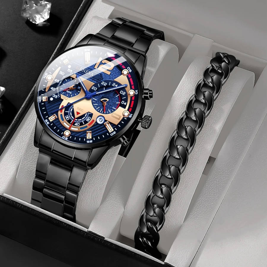 2pcs set Men'S Casual Quartz Watch Alloy Round Dial Battery Powered Electronic Movement Pointer Disp