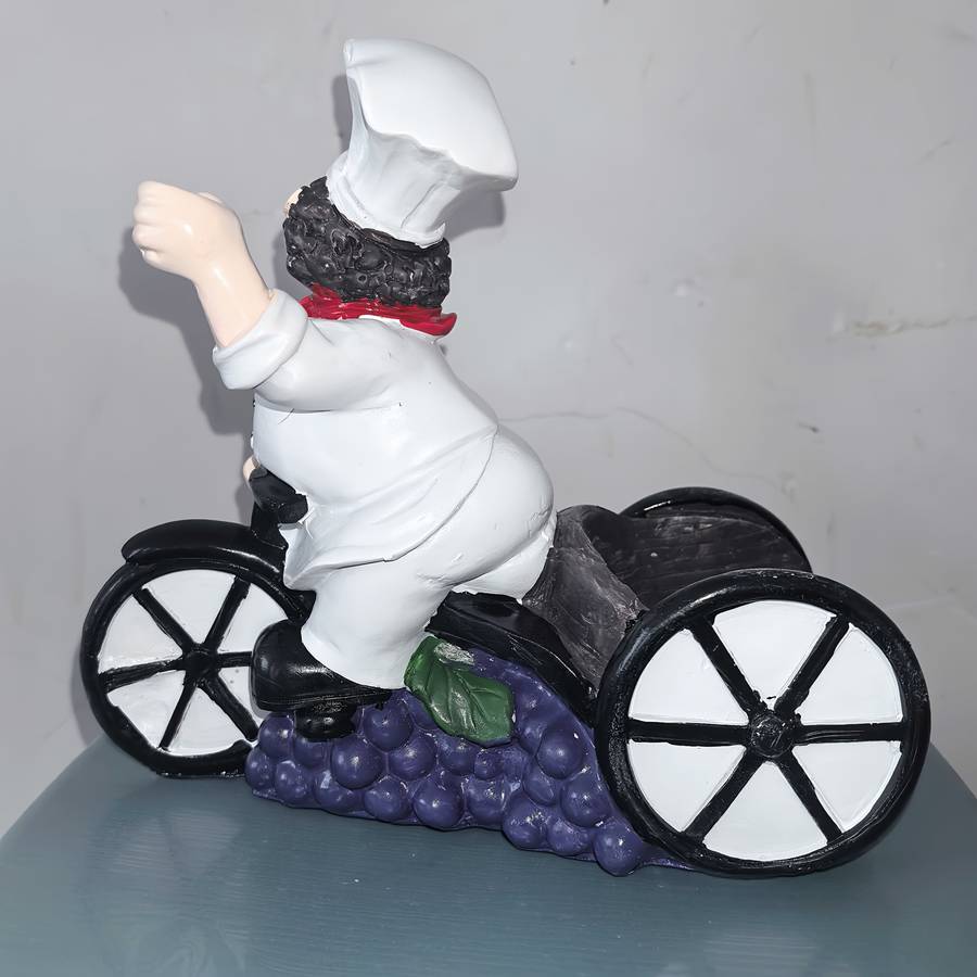 1pc Chef on Tricycle Wine Rack Resin Figurine with Red Hat White Apron Holds Wine Glasses