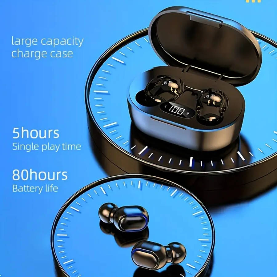 Sleek Black Wireless Earbuds with Deep Bass Lightweight Foldable Design Built-in Mic 3.5mm Audio Cab