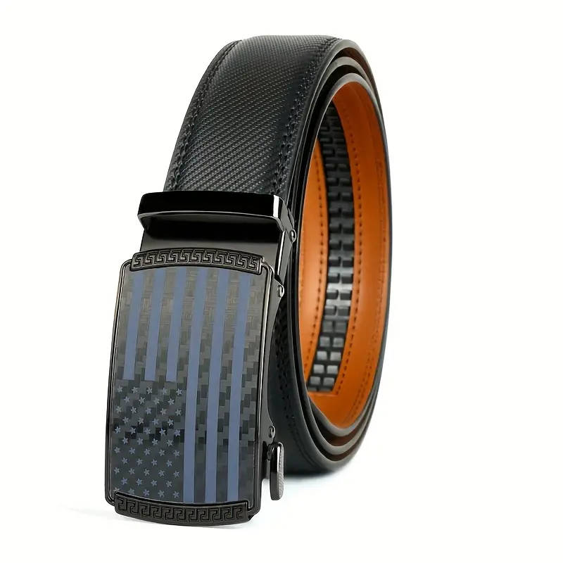 Men's Genuine Leather Ratchet Belt with Adjustable Automatic Buckle Black 125cm
