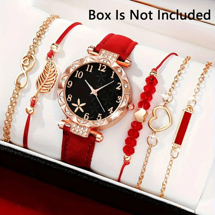 6pcs set Beautifully Designed Printed Rhinestone Quartz Watches with Digital Dial And Bracelets