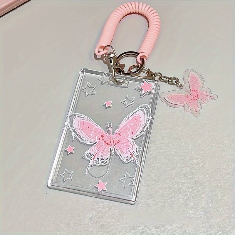1pc Y2K-Inspired Butterfly Design Transparent ID Card Holder with Keychain Durable Plastic Anti-
