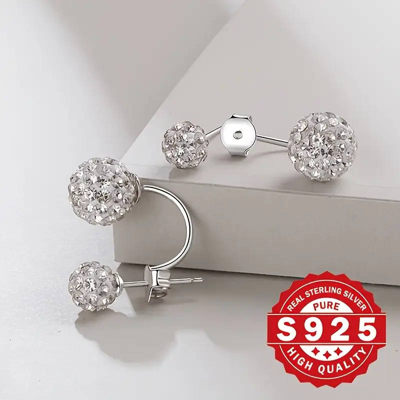 Pair of Women's Rhinestone Ball Earrings, 925 Sterling Silver Plated