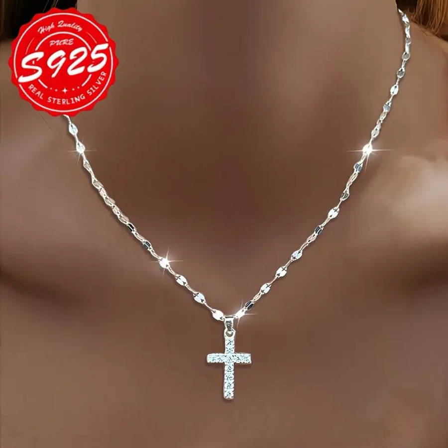 2-Pack 925 Sterling Silver Lip Necklace with Cross Pendant