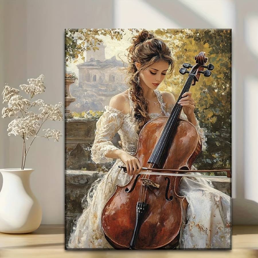 1pc Elegant Cello Player Canvas Art Print with Wood Frame Large Contemporary Musician Wall Decor