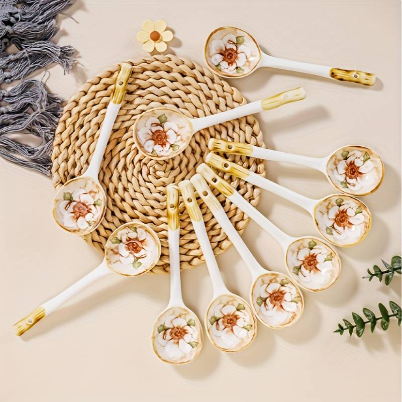 6pcs Elegant Long-Handle Ceramic Coffee Spoons with Floral Design Ideal for Serving Coffee T