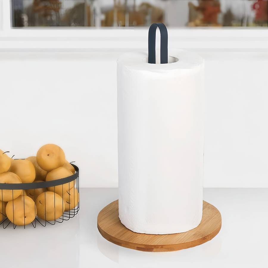 1pc Black Bamboo Kitchen Paper Towel Holder Vertical Storage Rack for Countertop Metal Tiss