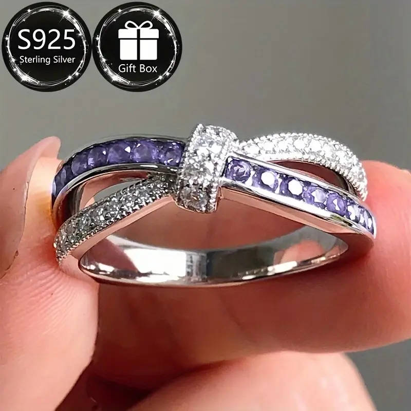 925 Sterling Silver Ring with Sparkling Purple Cubic Zirconia, Boho-Chic Style