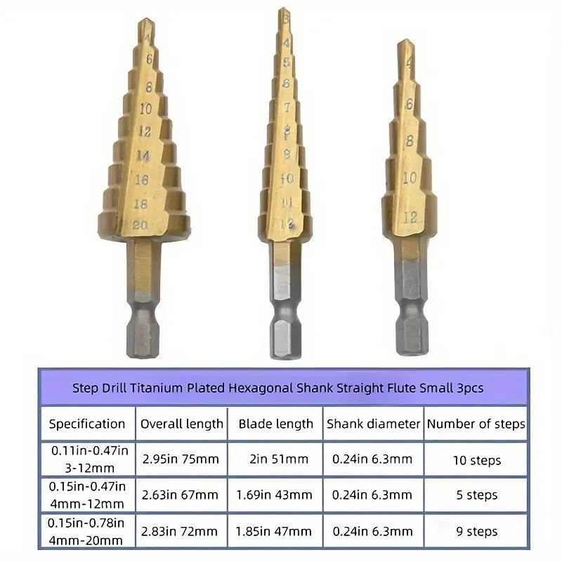3pcs Titanium-Coated HSS Step Drill Bit Set Upgrade Your Drilling Power Perfect For Wood Metal