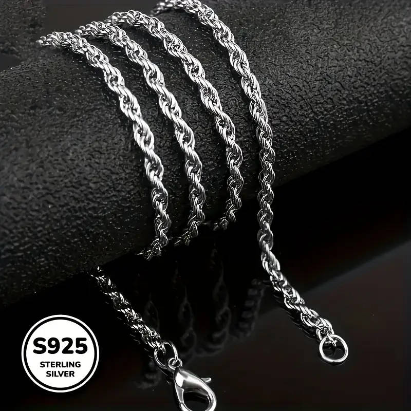 925 Sterling Silver Twisted Rope Necklace, Simple Hip-Hop Style, Shiny Basic Chain