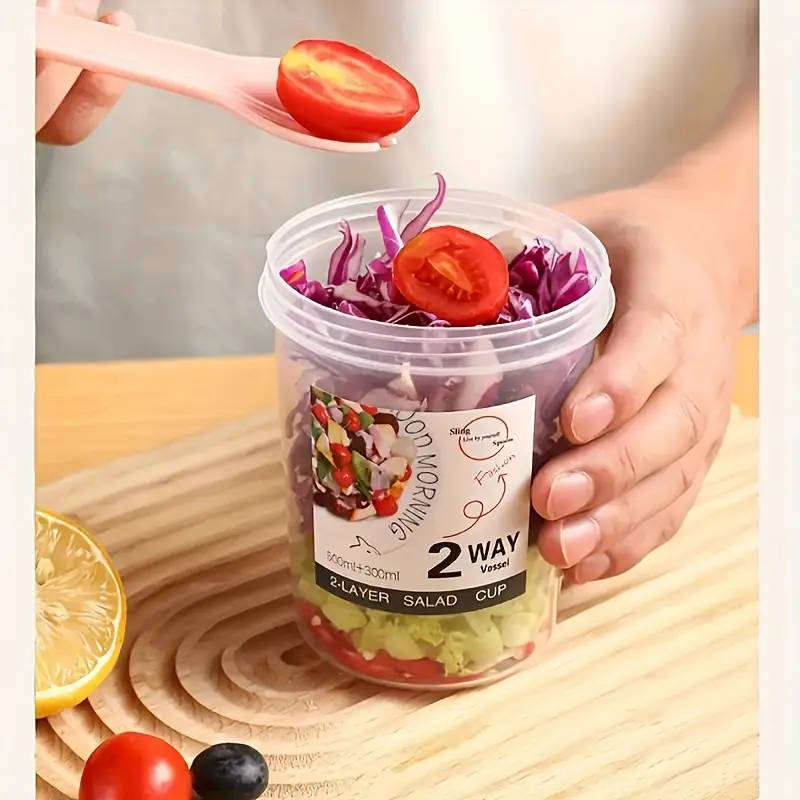 2 Way Multi-Purpose Salad Cup with Fork And Lid Portable Fruit And Yogurt Container Ideal for School