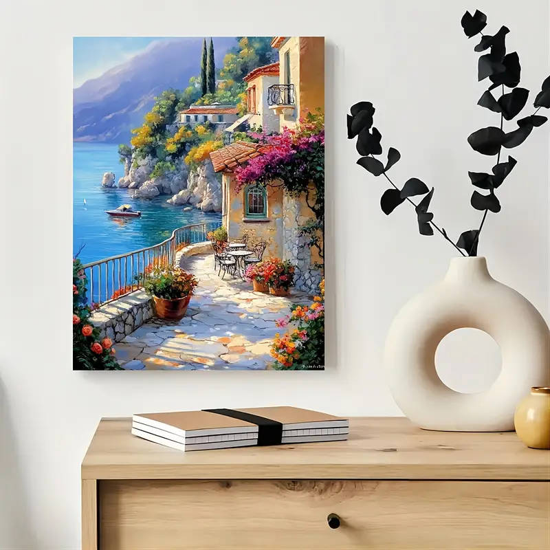 1pc Charming Seaside Village Canvas Art 29.97cm x 39.88cm Wooden Framed Wall Decor for Living Room B