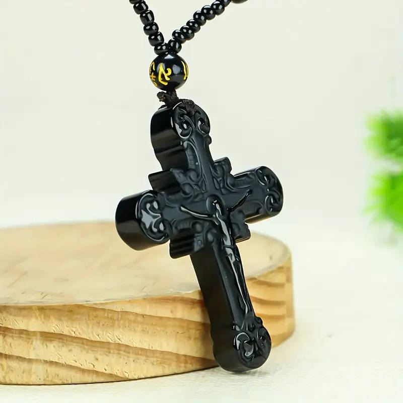 Natural Obsidian Cross Pendant Necklace