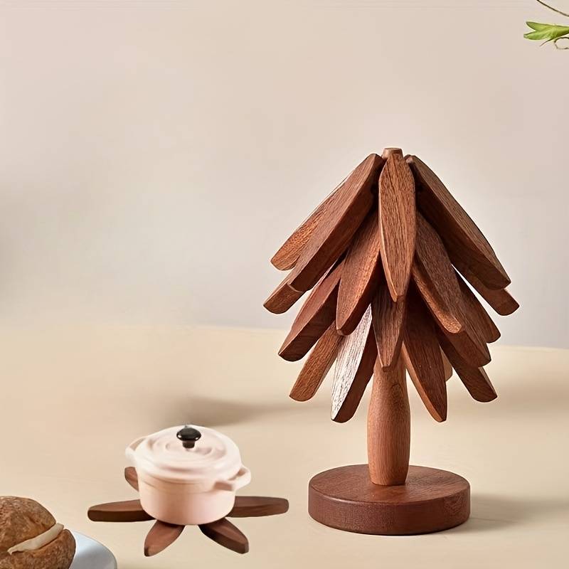 Wooden Tree-Shaped Pot Mat Set Includes 3 Removable Coasters and Base Creative Non-Slip Heat-