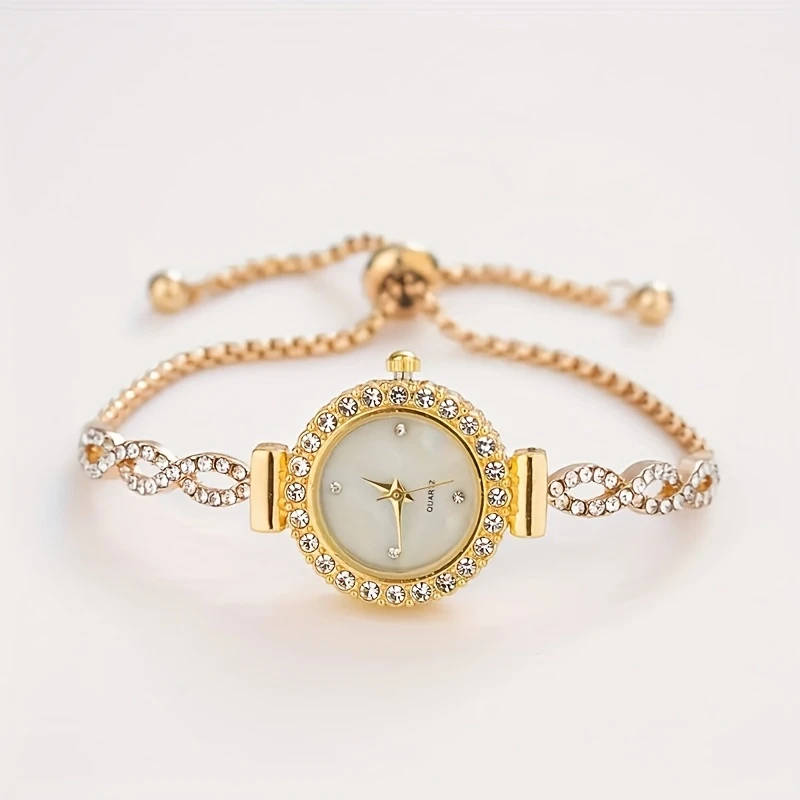 1pc Luxurious And Stylish Golden Women'S Round Quartz Watch Featuring an Exquisite Zinc Alloy Strap
