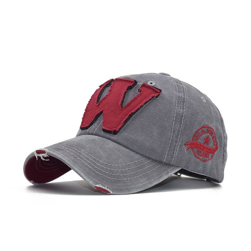 1pc Vintage Washed Embroidered W Baseball Cap Adjustable Fit Sweat Absorbent Sun Protection