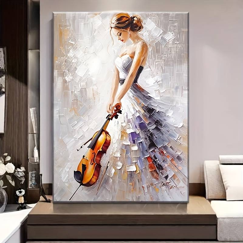 1pc Elegant Violinist Canvas Print Abstract Female Musician Oil Painting Pine Wood Wrapped Frame