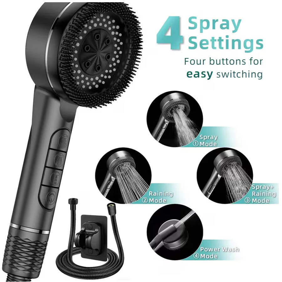 Handheld Pressurized Showerhead Four Spray Modes With 1.5Meter Reinforced Hose And Adjustable Bracke