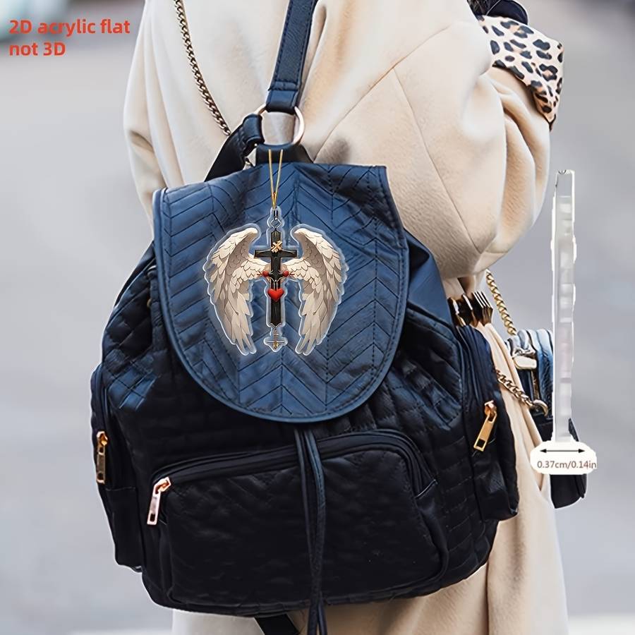 1pc 2D Flat   Acrylic Cross Pendant with Angel Wings Car Mirror Bag Keychain Accessory