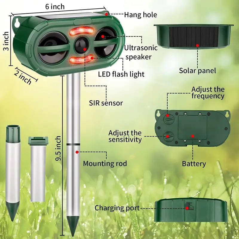 1pc Solar-Powered Ultrasonic Pest Repeller with LED Flashing Light Outdoor Bird Deterrent for Garden